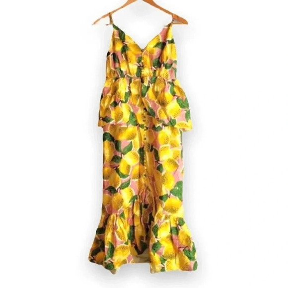 NWT Farm Rio Fresh Lemons Ruffle Peplum Linen Blend Fruits Midi Dress Size XS - Picture 10 of 12